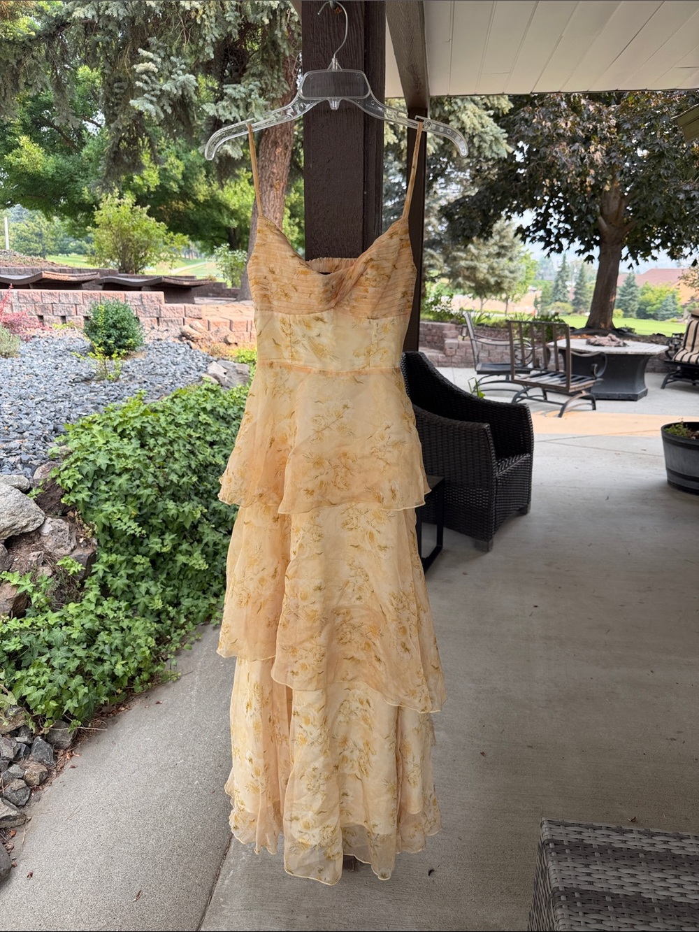 Sunlit Yellow Tiered Floral Spaghetti-Strap Wedding guest Dress